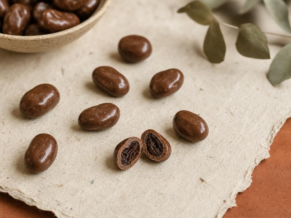 Chocolate-covered raisins, one split open to show the raisin inside