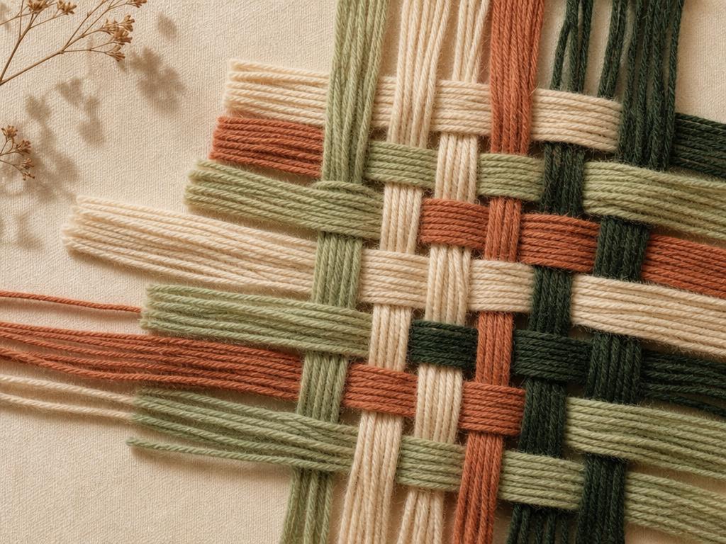 Interwoven threads in cream, sage, terracotta and forest green