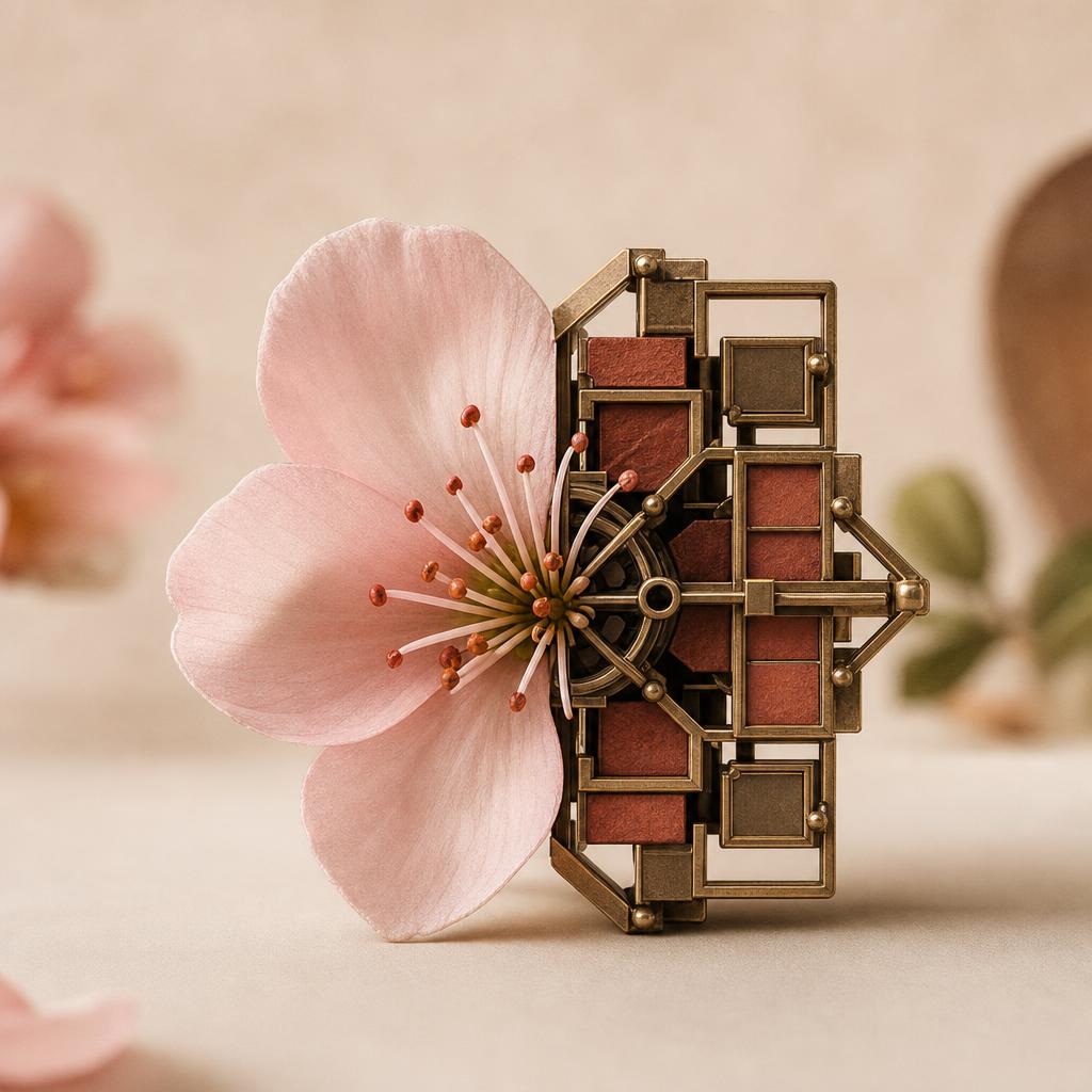 A flower whose petals are half organic and half brass mechanical geometry